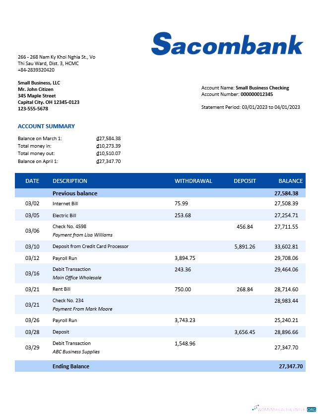 Download Sacombank organization checking account statement Word and PDF template Photoshop template